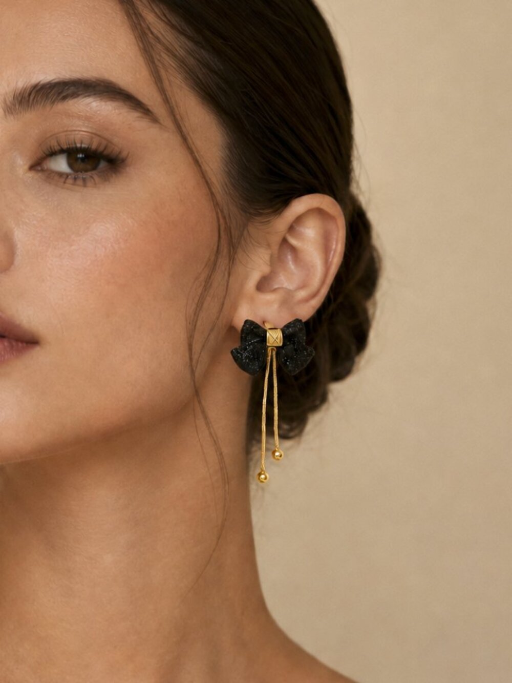 Black Glitter Bow Gold Chain Tassel Drop Earrings